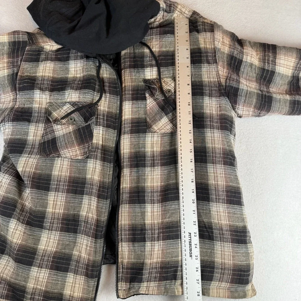 Craftsman Mens XL Hooded Plaid Flannel Jacket Quilted Lined Brown Black Workwear